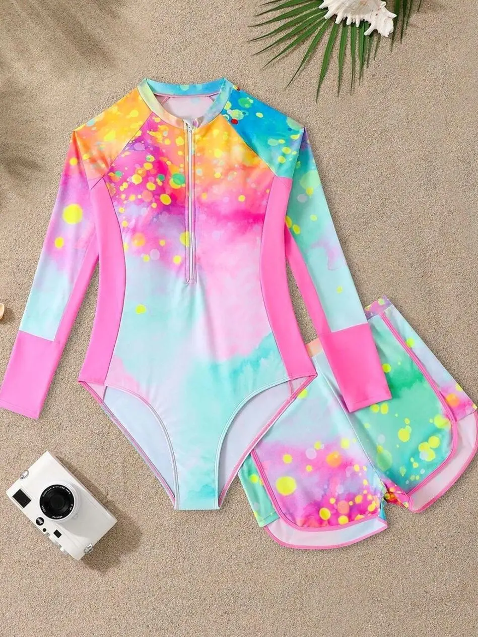 Teen Girls' Tie-Dye Long Sleeve One-Piece Swimsuit, Athletic Bathing Suit With Boyshorts
