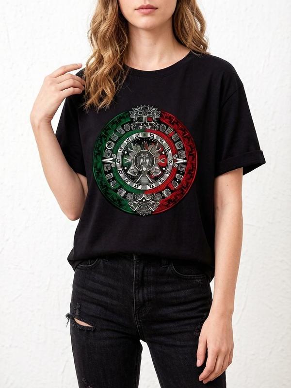 Women's 100% Cotton Comfortable Breathable Casual Fit Round Neck Cap Sleeve Vintage Tee - Lady Streetwear Top with Aztec Graphic, Calendar, Sun Stone, Mexico Flag Designs, Wide Size Range, Everyday & Beach Use