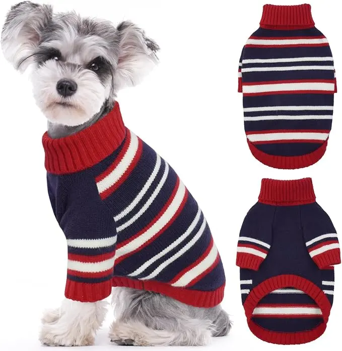 Kuoser Dog Sweater,Warm Dog Sweaters for Small Large Dogs,Turtleneck Thick Small Large Dog Sweater Christmas Outfit,Pet Winter Clothes Doggie Knitwear Girl Boy for Holiday Thanksgiving,Red&Blue Strips,Green&Navy Strips
