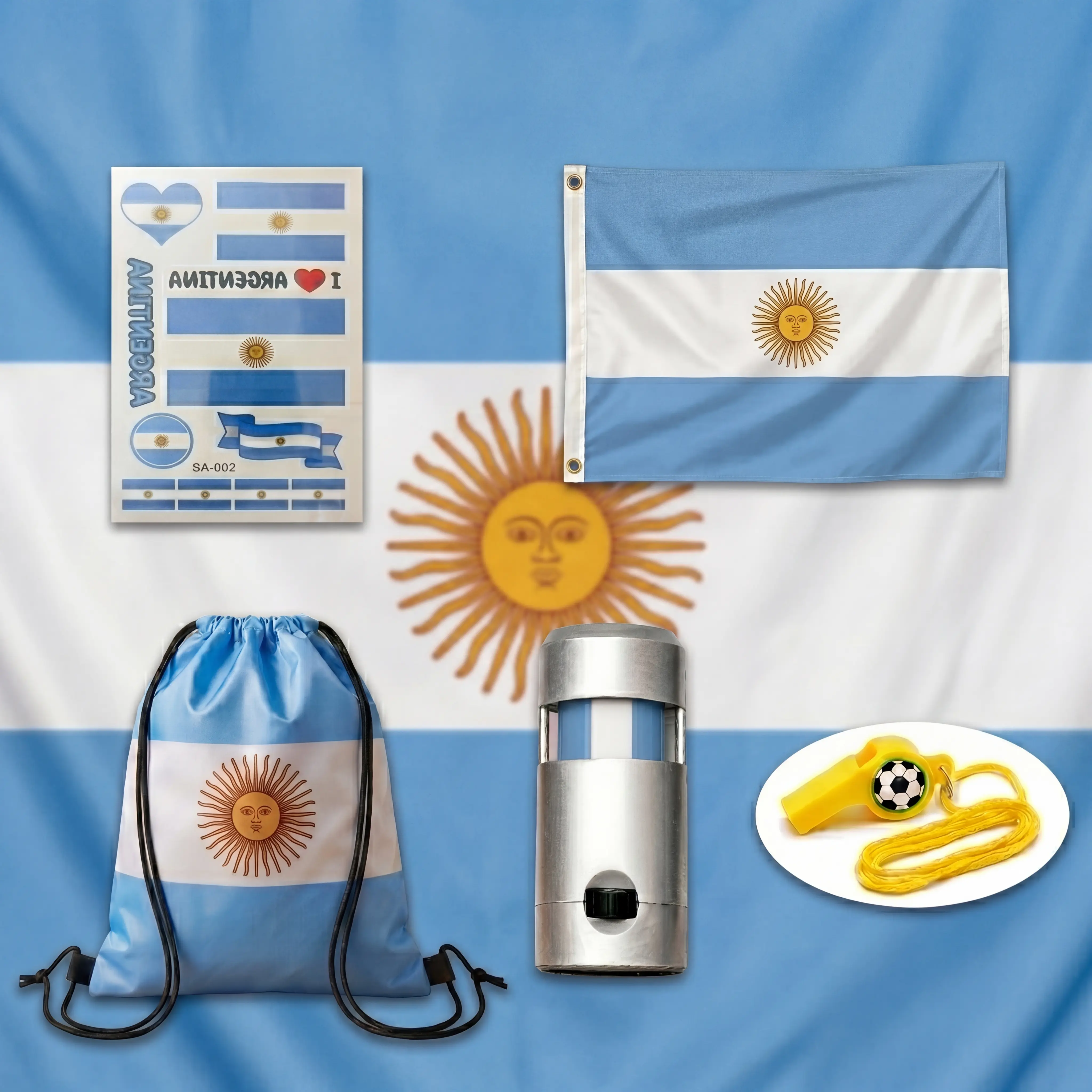 Argentina 2026 Soccer Supporter Kit 5 Items 3×5FT Flag National Flag Merchandise Set Featuring Drawstring Backpack, Whistle, and Face Paint Tattoos