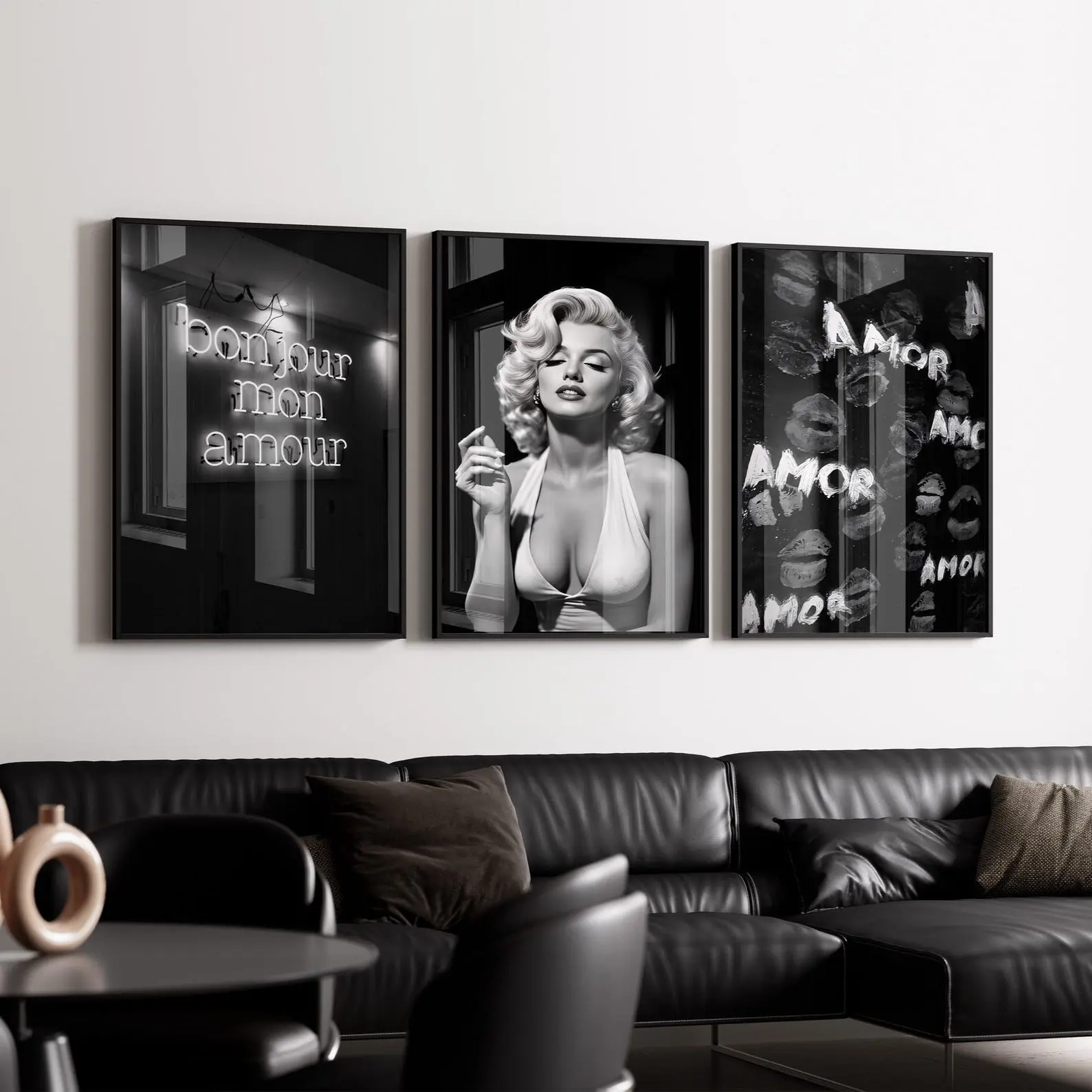 Marilyn Monroe Wall Art Set of 3, Bonjour Mon Amour Neon Print, Red Lips Amor Collage Poster, Old Hollywood Glamour Decor, Digital Download