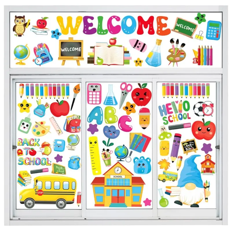 Back to School Window Clings Stickers 90PCS First Day of School Bus Pencil Double-Sided Window Decals for Welcome Back to School Decorations