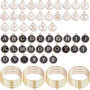 60pcs 25mm Wine Glass Charm Rings Earring Beading Hoop with 52pcs Black & White Letter Beads Charms Enamel Initial Charms