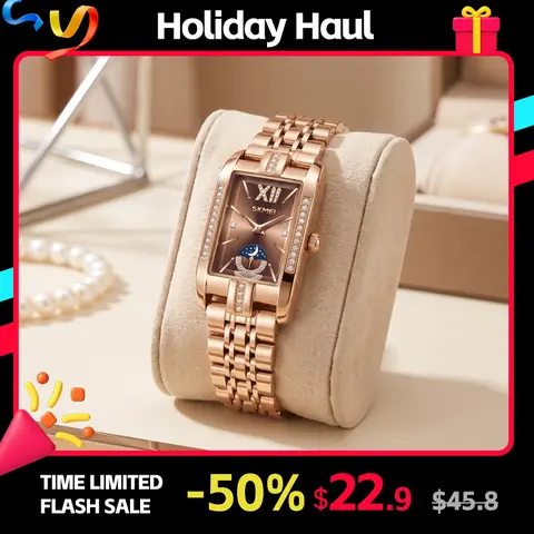 SKMEI Women's Polygonal Golden Rhinestone-Bezel Quartz Analog Stainless Steel Wristwatch - Gold Fashion Women's Watches, Chic, Dainty Style, Elegant Gold-Tone, Durable Steel, Ideal for Formal, Office & Daily Wear, Chic Wrist Watches