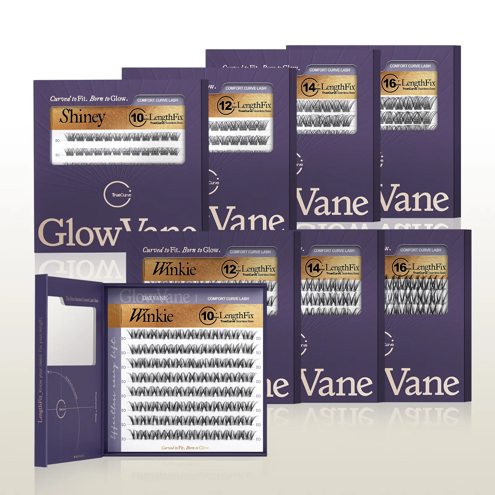 GlowVane TrueCurve Lash LengthLock Collection Cluster Eyelashes Winkie Shiney Single Size Per Box 10mm-16mm DD Curl Wispy Natural Long-Lasting DIY Lashes