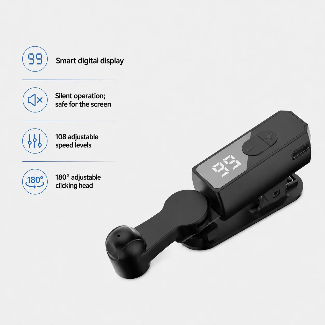 TikTok Auto-Clicker (for iPhone/iPad apps, games, and livestreams): Features wireless operation and a high-definition digital display. Offers multi-angle adjustment and 107 speed settings to simulate rapid, continuous finger tapping Adjustable Automatic P