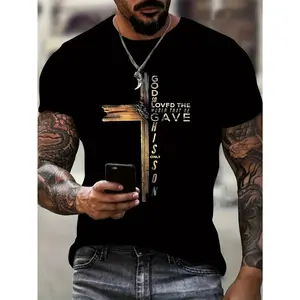 Plus Size Men'S Breathable Cotton T-Shirt with Cross Print - GOD LOVED THE GRAVESITE Graphic, Casual Crew Neck Short Sleeve Tee, Lightweight for All Seasons, Religious FashionCrew Clothes Fabric Menswear Top Classic Garment Hem Loose Gamis Tshirt