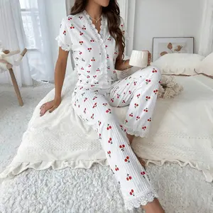 Popular Women Two Piece Loungewear Cute Cherry Pattern Exquisite Embroidery Lace Short Sleeve Pants Home And Street Wear