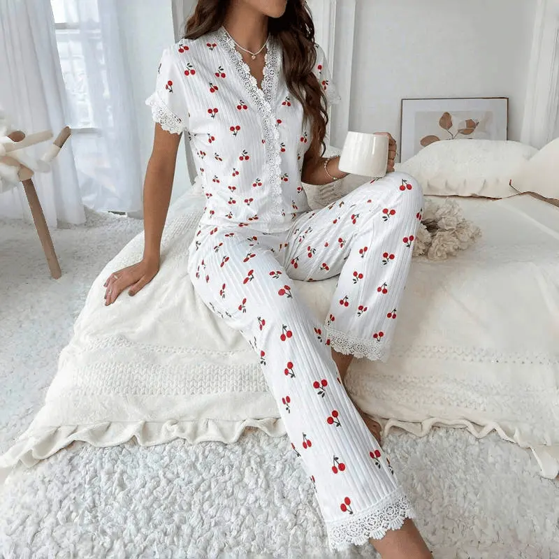 Women's 2-Piece Loungewear Set - Cute Cherry Prints, Exquisite Embroidery Lace, Short Sleeves, Smooth Lightweight Fabric, Feminine Style, Suitable for Home Wear