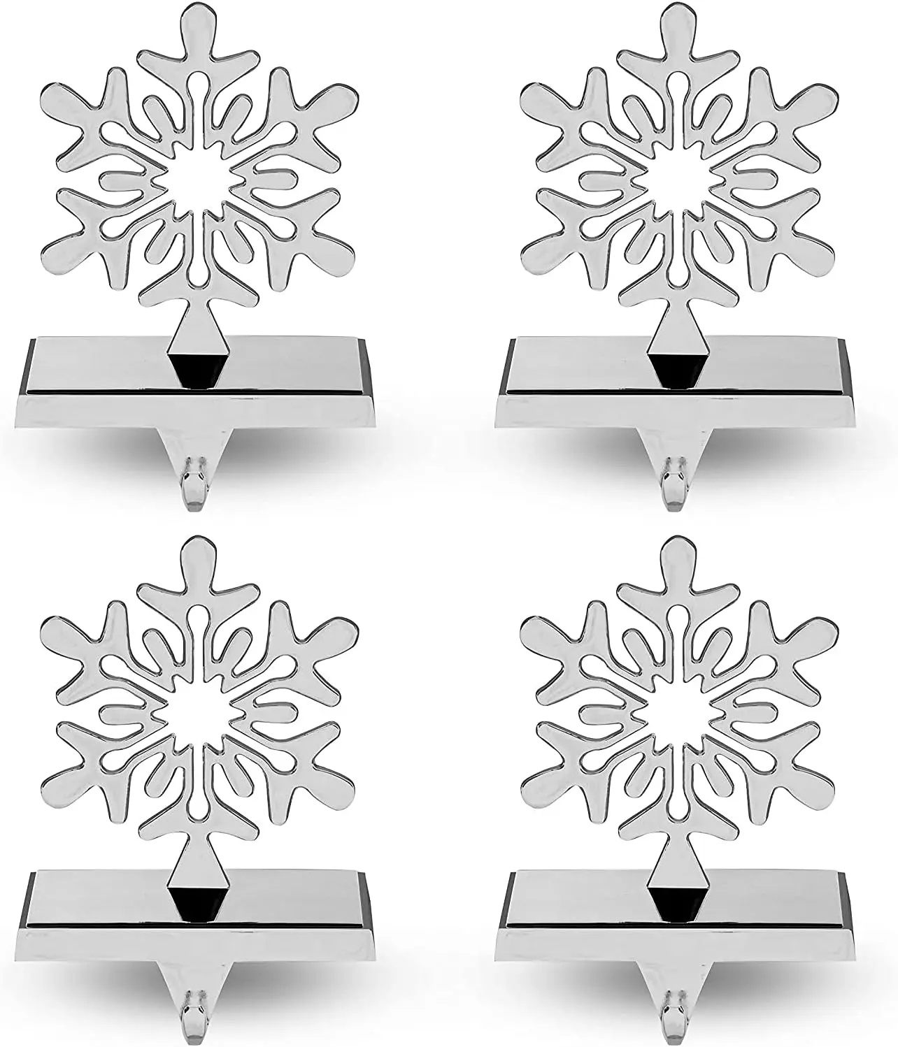Set of 4 Chrome Silver Snowflake Stocking Hangers – Weighted Holders for Your Mantle This Christmas Gift Stainless Ornaments Decor Decoration