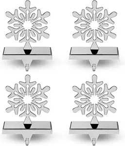 Set of 4 Chrome Silver Snowflake Stocking Hangers – Weighted Holders for Your Mantle This Christmas Gift Stainless Ornaments Decor Decoration