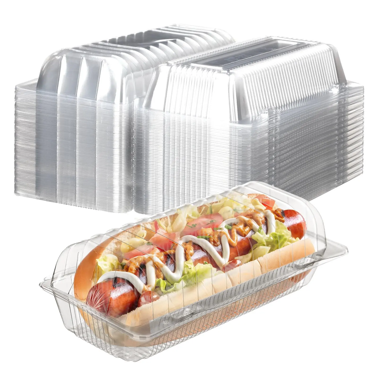 100 Pack Clear Plastic Hot Dog Containers – Disposable Clamshell Take Out Trays with Hinged Lid (8.86 x 3.94 x 2.76 Inch) for Hot Dogs, Bakery, Desserts, Salad & Food Packaging Transparent Bakeware Kitchen Kitchenware