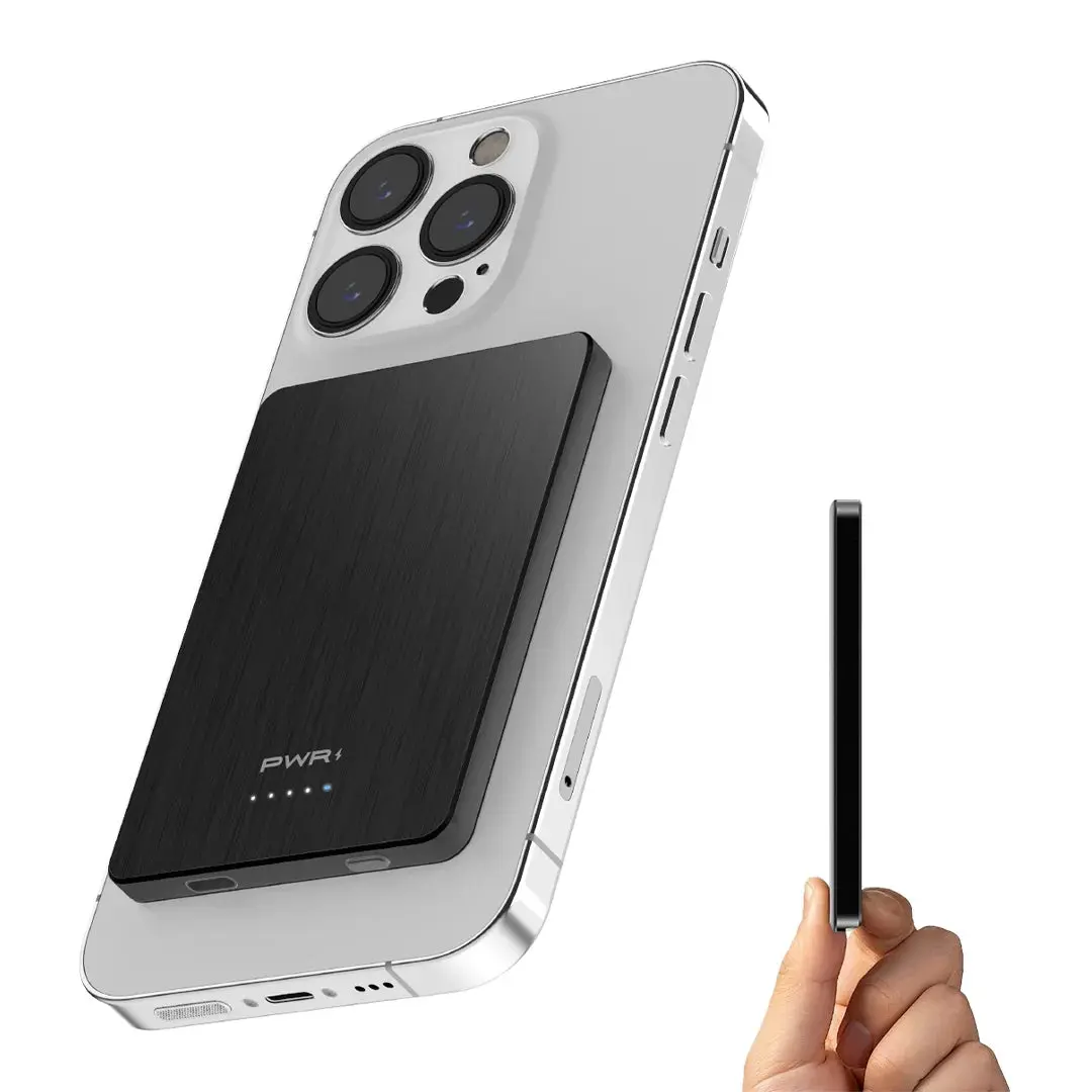 PWRMOBILE MagSafe Power Bank 5000mAh 15W Wireless Magnetic Portable Charger Slim iPhone 15 14 13 12 Qi Compatible Samsung Google Compact Travel Battery Pack Magnetic Phone Charger On The Go