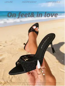 Women's Black Lace Peep Toe Mule Heels | Slip On Stiletto Heeled Slide Sandals | Sexy Elegant Comfortable Heels for Date Night Vacation Party