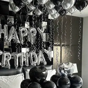 32pcs Balloon Set 16inch Silver Happy Letter & 18inch Black Silver Heart-Shaped Aluminum Foil Latex for Birthday Wedding Anniversary Party Decor Smooth Mixed Color Indoor Wall Decoration