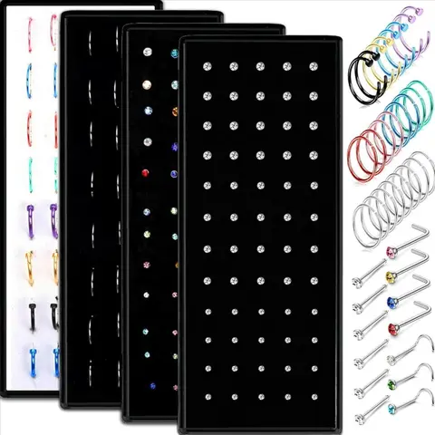 FIBO STEEL 200 Pcs 316L Stainless Steel Nose Ring Studs Set for Women Men Nose Hoops L Shaped Screw Bone Nose Studs Ring Nose Piercing Jewelry
