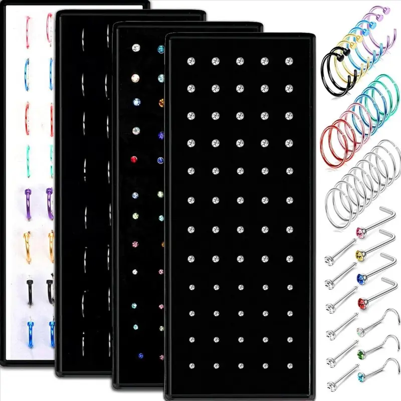 FIBO STEEL 200 Pcs 316L Stainless Steel Nose Ring Studs Set for Women Men Nose Hoops L Shaped Screw Bone Nose Studs Ring Nose Piercing Jewelry