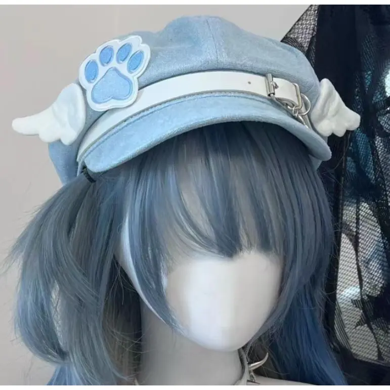 Cute Light Blue Beret with Cat Paw and Wing Detail, Soft Unisex Kawaii Headwear for Soft Girl Subculture Fashion, Hat Accessory