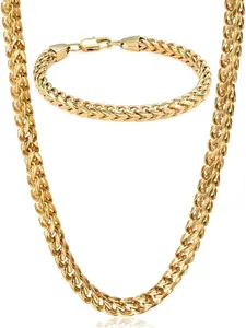 2 Pcs Golden Unisex Durable Stainless Steel Chain Set for Women Men Cool Necklace Bracelet Elegant Layered Wheat Weave Chain Design Sturdy Heavy-duty Metal Structure Flawless Polished Shiny Texture for Hip-hop Aesthetic Everyday Outfit Layering