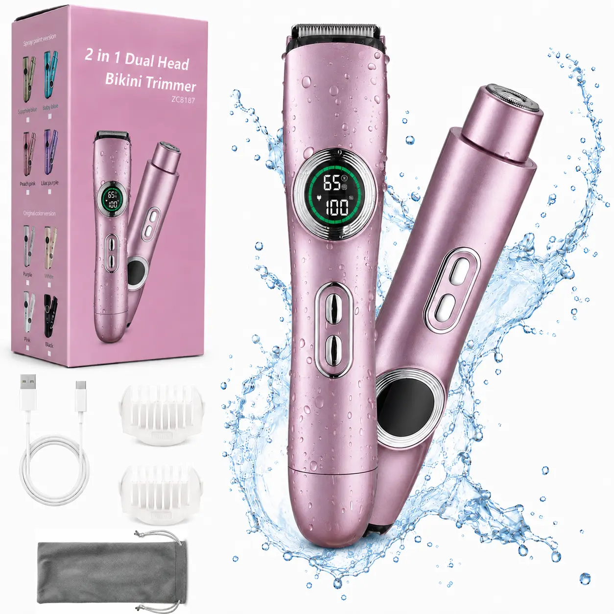 Bikini Trimmer for Women, 2 in 1 Dual Head Electric Shaver with Digital Display,Wet & Dry Use  Pubic Hair Trimmer for Face, Underarms, Legs & Intimate Areas - Portable Cordless Shaver with Fast Charging, Self Care Gifts for Women