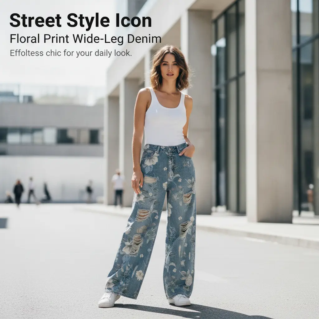 Women's Light Blue Vintage Soft Lightweight Oversized All-Over Floral Print Multi-Ripped Distressed High-Waist Loose Full-Length Floor-Sweeping Wide-Leg Streetwear Denim Jeans
