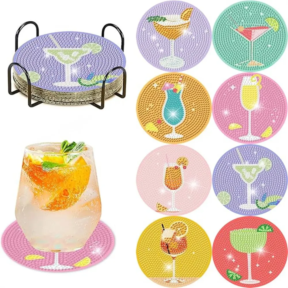 8-Piece Diamond Painted Coaster Set, Glittering Water Drill Heat-Resistant Drink Mats with Stand, DIY Craft Supplies for Beginners