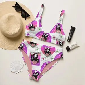Ghostface Scream Horror Print Womens Bikini Set High Waist Two Piece Swimsuit Funny Halloween Beach Pool Summer Vacation Spooky Cute Pink Daisy Swimwear Gift