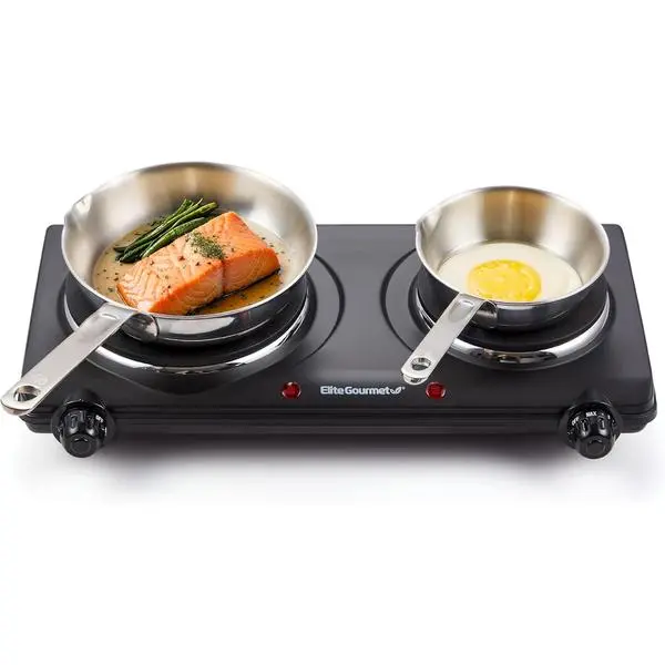 Elite Gourmet EDB-302BF# Double Cast Iron Burner, 1500W Hot Plate, Black | Adjustable temperature control, power indicator lights, easy-to-clean surface, countertop design