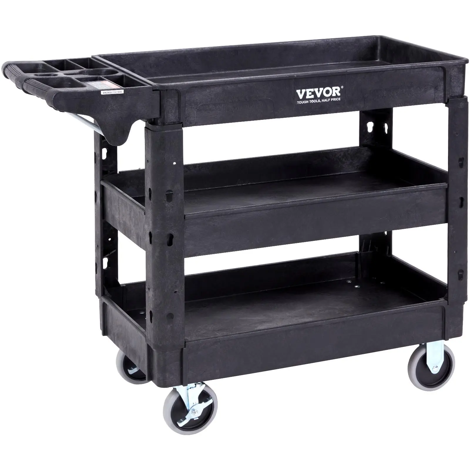 【Summerfinds】VEVOR Utility Service Cart, 3 Shelf 550LBS Heavy Duty Plastic Rolling Utility Cart with 360° Swivel Wheels (2 with Brakes), Medium Lipped Shelf, Ergonomic Storage Handle for Warehouse/Garage/Cleaning