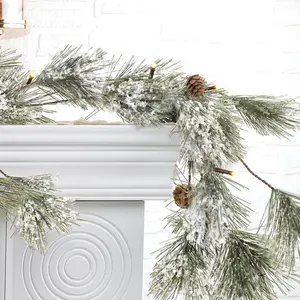 6.4FT Christmas Snowflake Winter Garland, Realistic White Frosted Garland, Snowy Flocked Holiday Decor for Home, Smoky Pine Garland with Snow-Covered Details