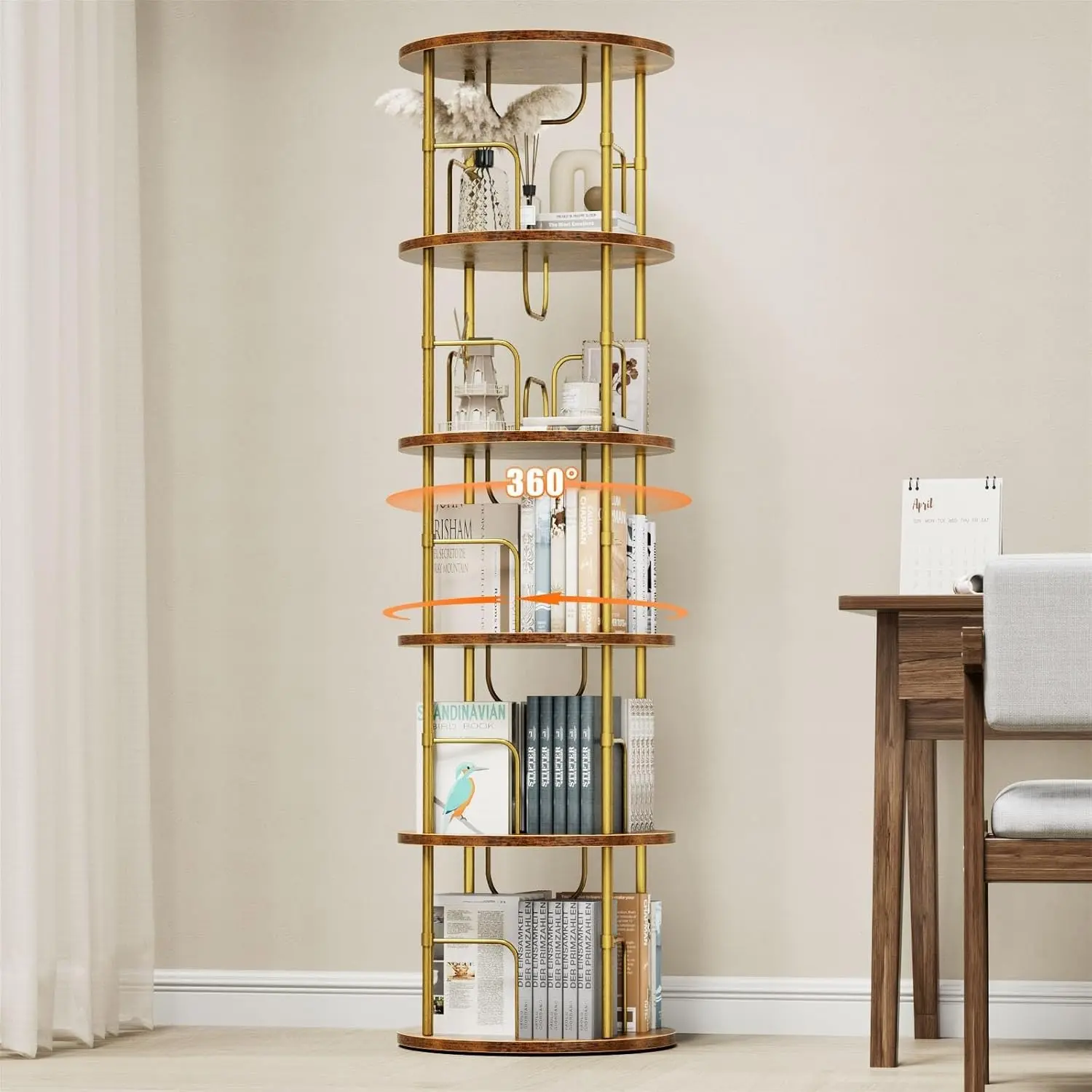 Rotating Bookshelf, 360 ° Display Stackable Spinning Bookshelf Tower, Narrow Space Saving Tall Floor Standing Swivel Bookcase Corner Storage Organizer for Bedroom, Living Room, Gold