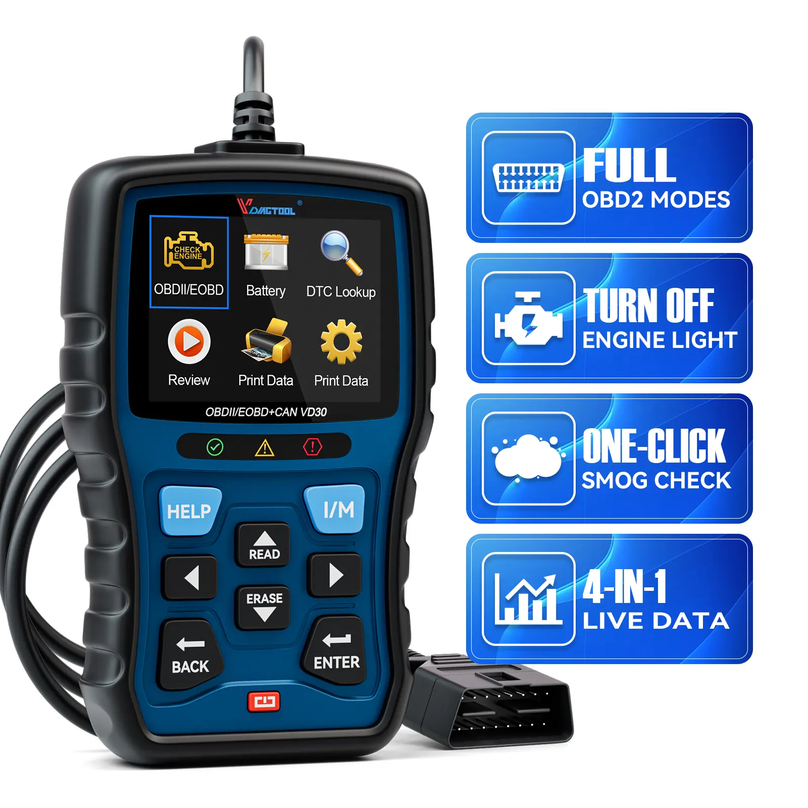 VDIAGTOOL VD30 OBD2 Scanner - 2025 Full OBDII Modes 4-in-1 Code Reader with TFT Display, LED, Live Data, Plug & Play, Battery Voltage Test, Smog Check, DTC Lookup for OBDII Vehicles (Father's Day Gift Option)