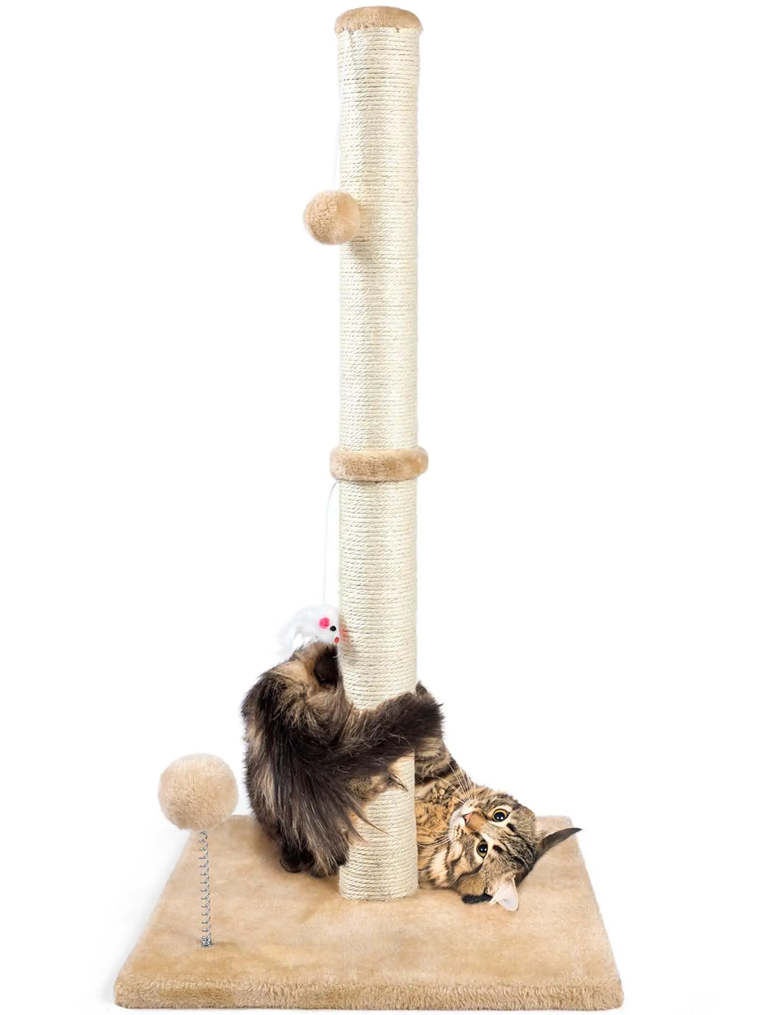 32" Tall Vertical Sisal Scratching Post for Indoor Cats - Natural Sisal, Plush Toys, Reinforced Stable Base, Vertical Scratcher, Sisal Scratching Posts