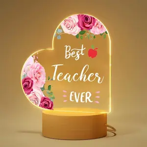 Acrylic Night Light USB Powered Wooden Base Teacher Appreciation Gift, Birthday Present, Christmas Thank You, New Year Party, Office Classroom