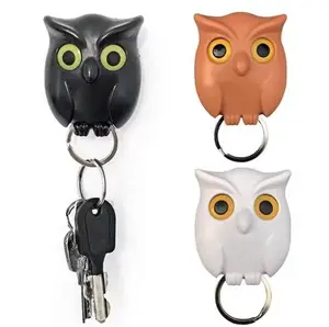 TIKA 3-Pack Owl Key Holder with Magnetic Keyring, Wall-Mounted Self-Adhesive Key Hooks with Auto Open-Close Eyes