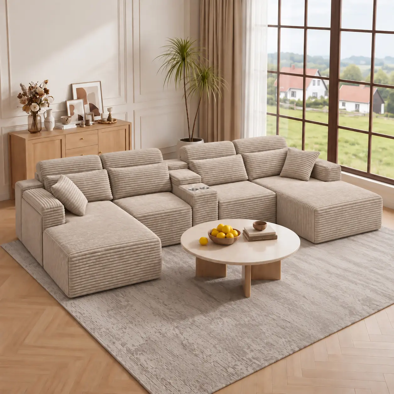 145" U-Shaped Cloud Boneless Modular Sectional Sofa, Fluffy Corduroy Couch Set with Chaise, Cup Holder, Soho-Chic Oversized Comfy Indoor Living Room Furniture