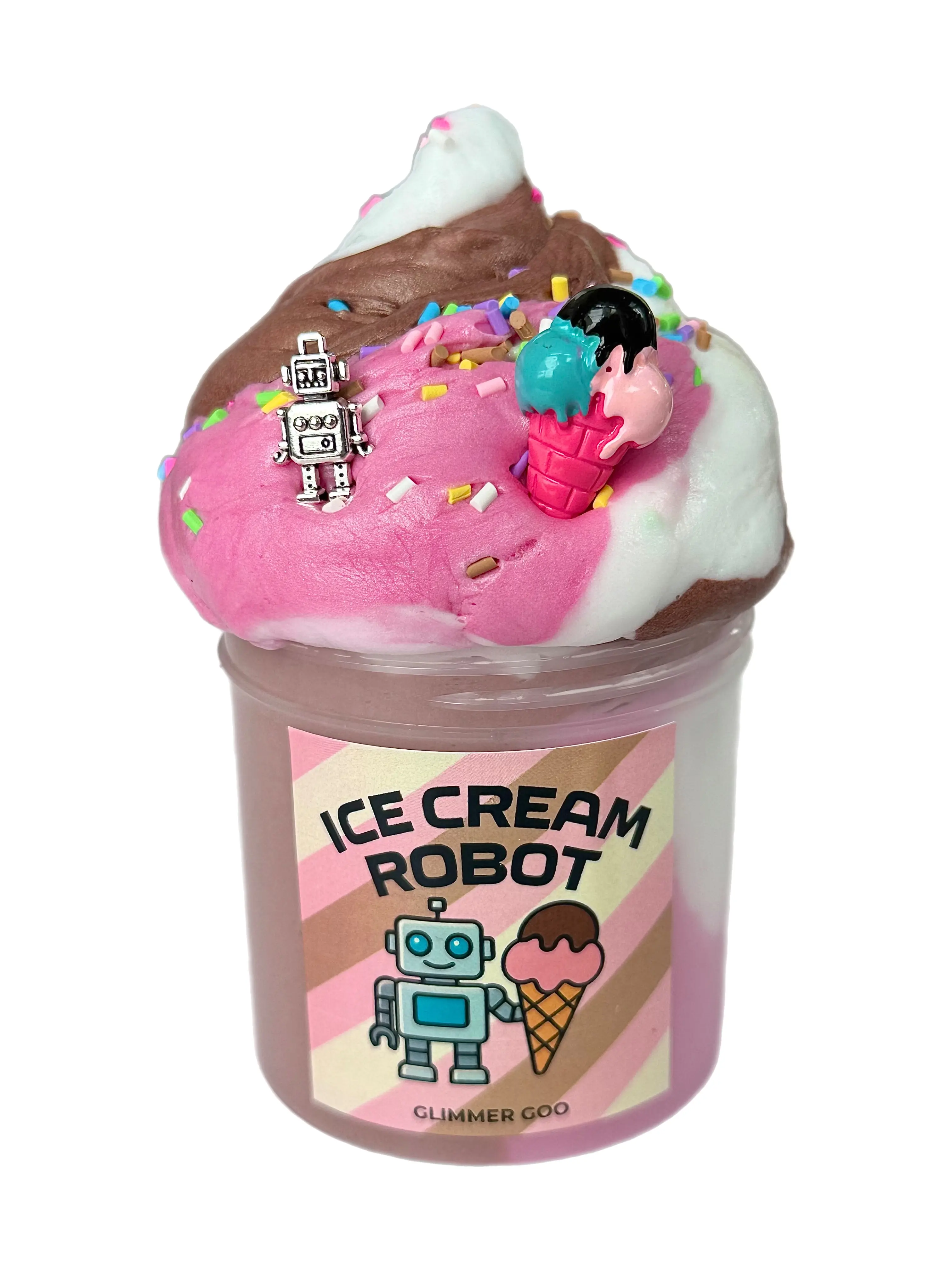 Ice Cream Robot | Soft Swirled Butter Slime in Dreamy Shades Pink White Light Brown Scented Vanilla Chocolate with Adorable Robot, Ice Cream Cone Charm & Sprinkles