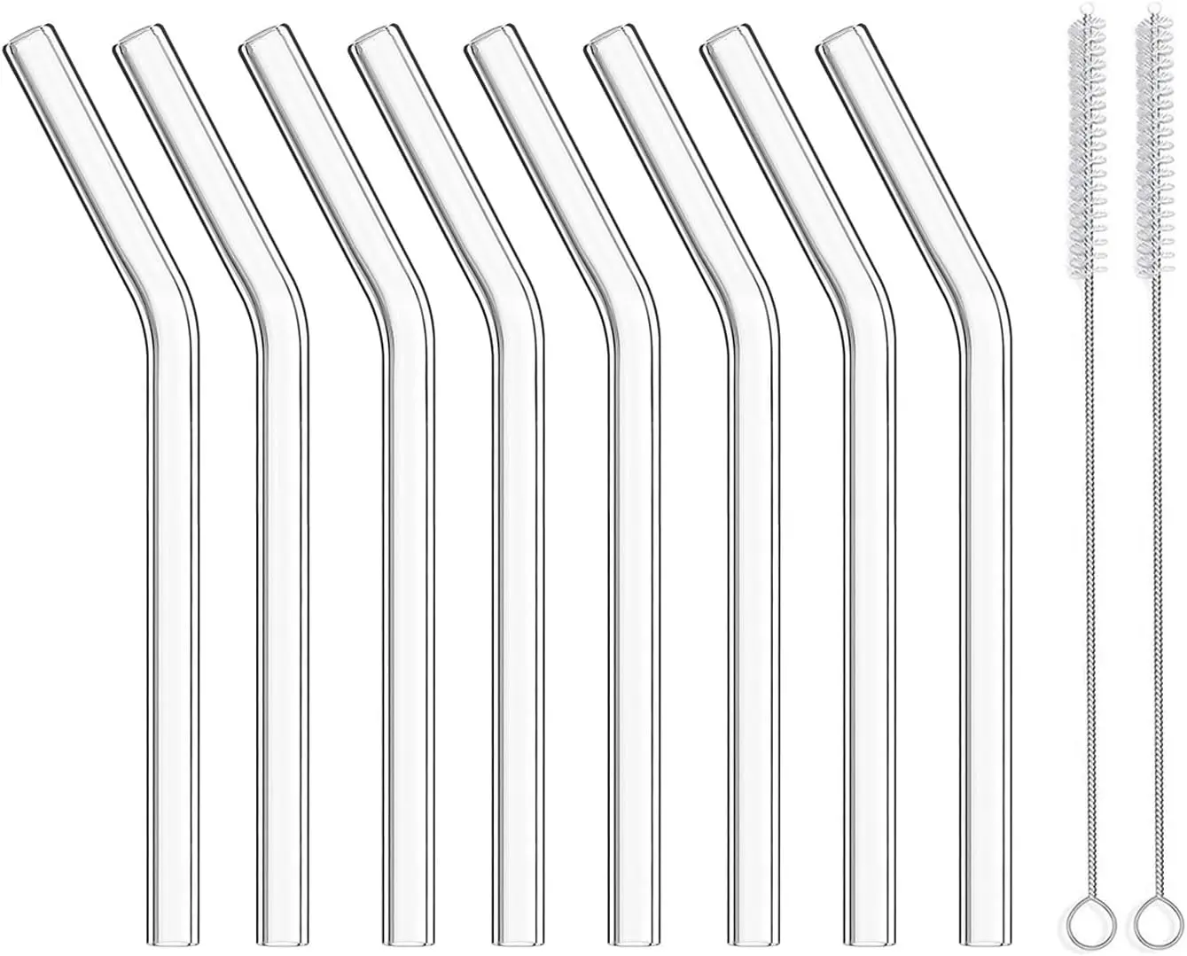 Short Bent Glass Straws, 6 in x 10 mm  Clear Glass Curved  Straws for , Coffee, Soda, Water, Pack of 8 with Brush