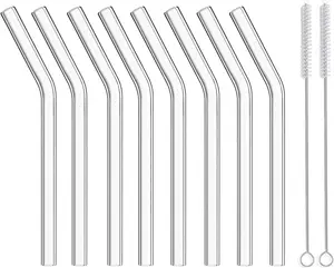 Short Bent Glass Straws, 6 in x 10 mm  Clear Glass Curved  Straws for , Coffee, Soda, Water, Pack of 8 with Brush