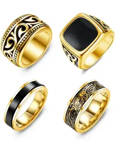 4Pcs Stainless Steel Vintage Signet Rings for Men Biker Rings Set Pinky Thumb Celtic Band Ring Spinner Ring Silver Gold Polished Edge Mens Rings for Men Jewelry Gift Statement Multi Ring