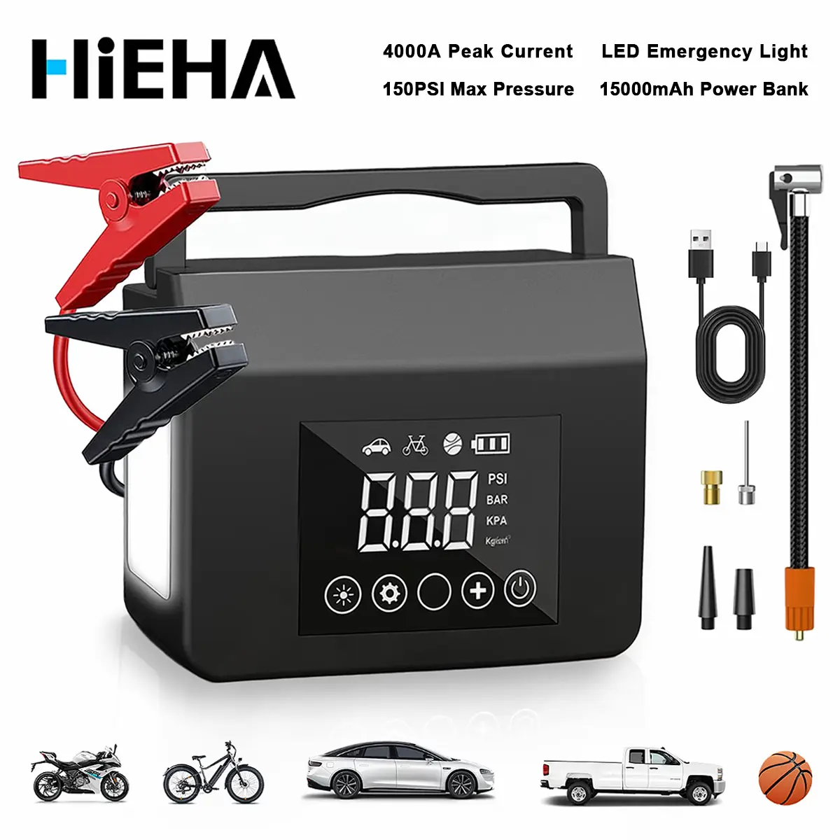 HEIHA 2026 Portable Jumpstarter Automotive, 4000A Car Jump Starter with 150PSI Air Pump, 15000mAh Power Bank for Automotive Vehicles, Tools and Gadgets with LED Light & LCD Display #fathersdaygift,father'sdaygifts