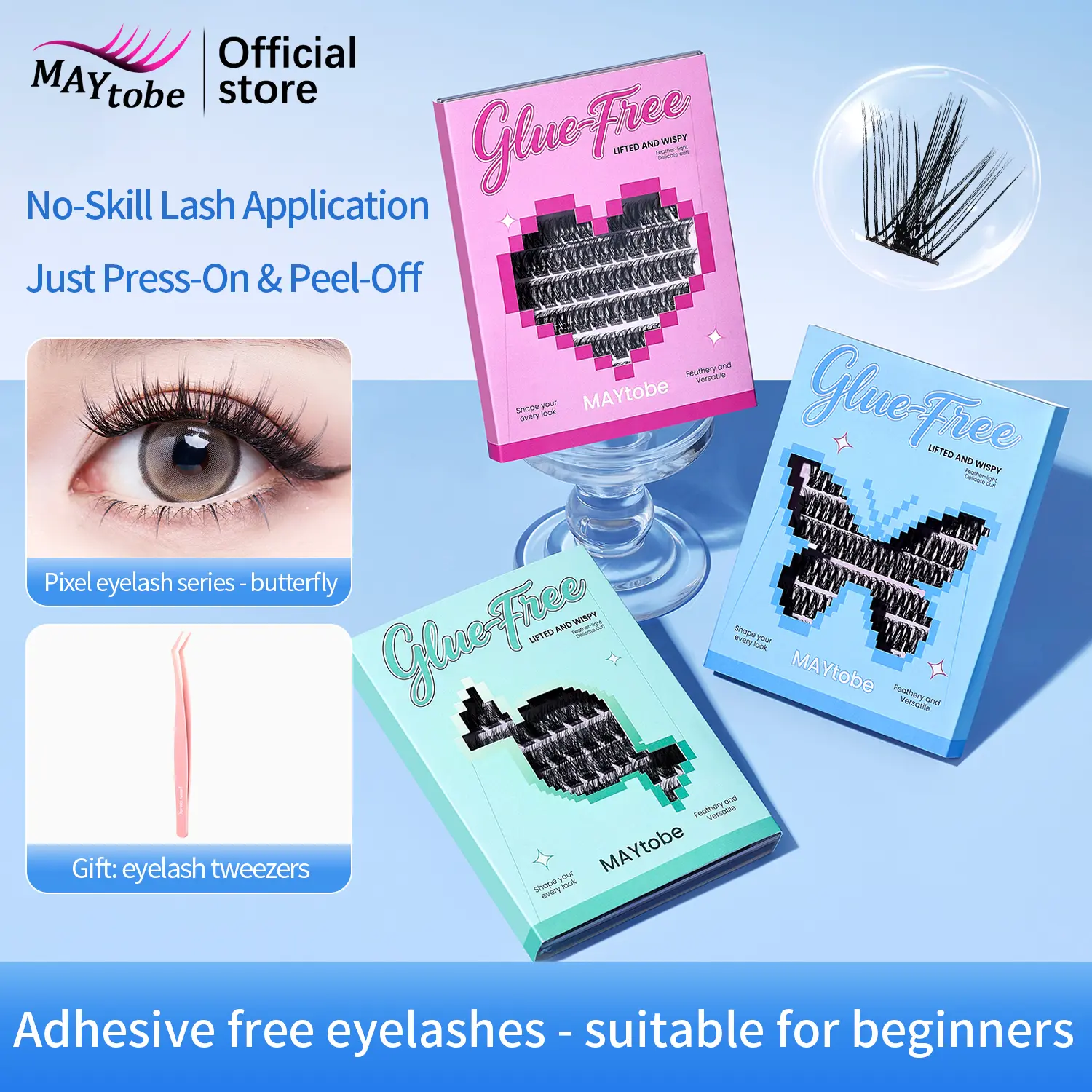 MAYtobe Self-Adhesive Lash Cluster Kit for Beginners - No Glue Needed, Easy to Apply 3D Wispy C-Curl Makeup Eyelash Extensions (14-16mm, 110-120 Pcs Reusable) with Tweezers, Cosmetic False Lashes Accessory