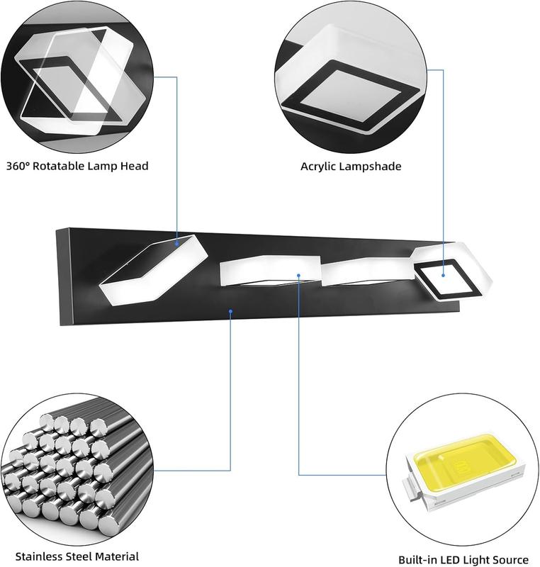 4 Lights Black Vanity Lights Dimmable Acrylic Modern LED Black Bathroom Vanity Lighting Fixtures