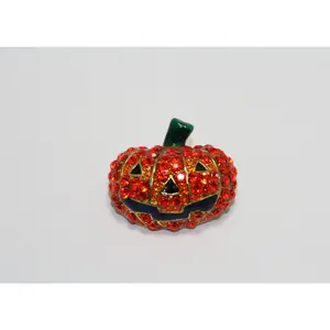 Orange Rhinestone Crystal Halloween Pumpkin With Black Enamel Smiley Face Pin Brooch