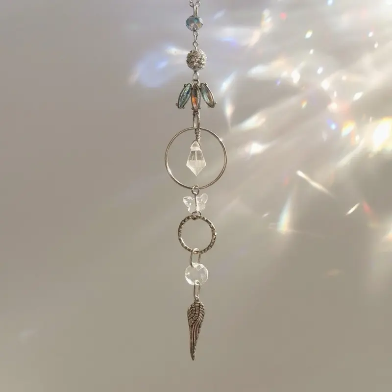 Silver Toned Butterfly & Wing Handmade Beaded Prism Sun Catcher for Home Decor with Illuminating Crystal & Glass Beads Hangable Window Decoration Boho Aesthetic