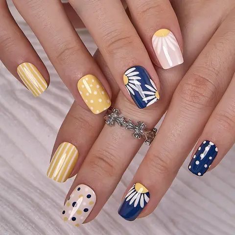 Sunflower Bliss Press-On Nails - Yellow, Navy, and White Floral Design with Dotted & Striped Patterns - Perfect for Summer, Chic and Trendy Press-On Manicure Set