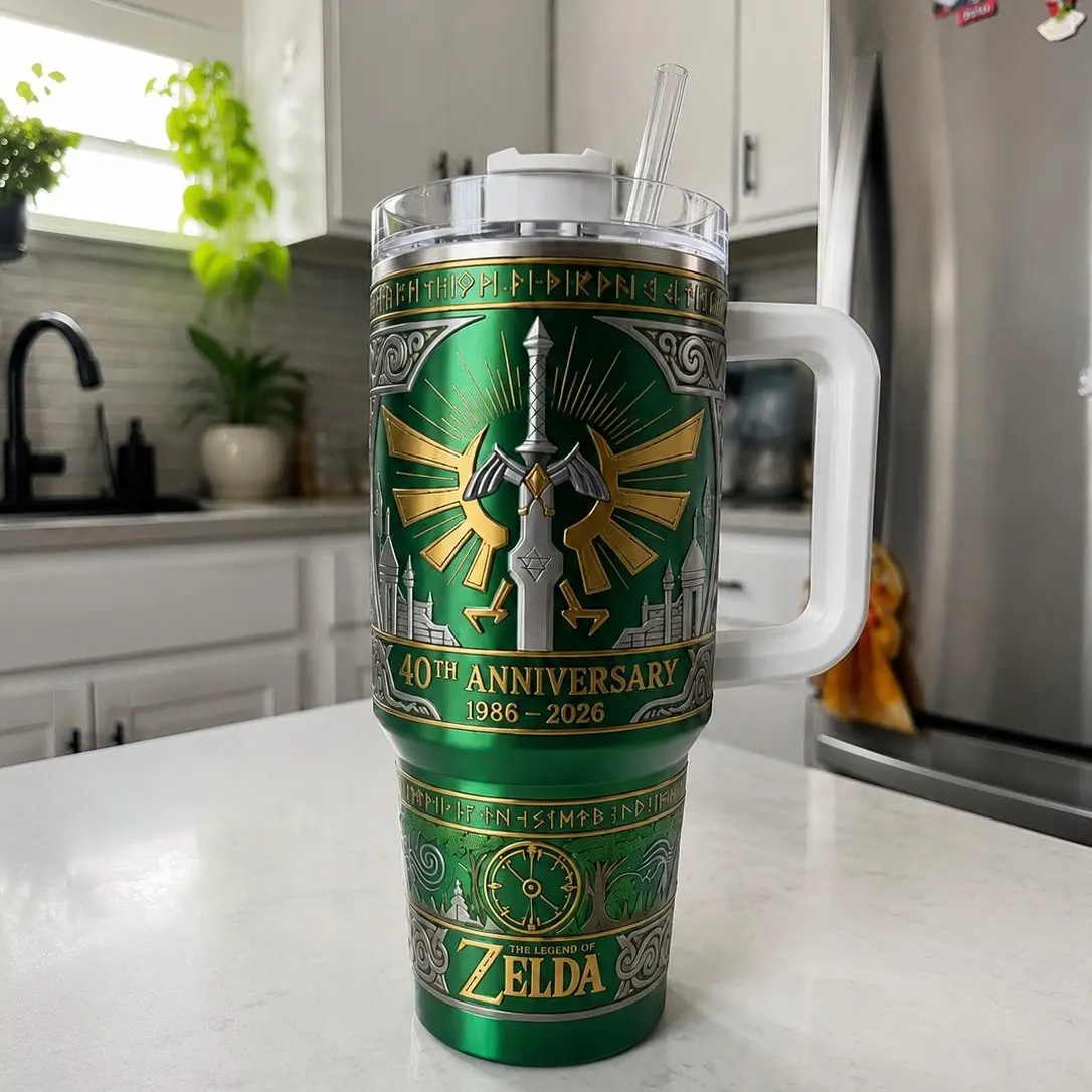 The Legend of Zelda 40th Anniversary 40oz Tumbler with Handle, Hyrule Gaming Travel Mug, Collector Gift for Gamer