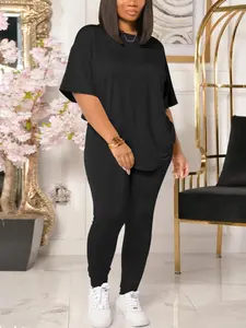 【Plus Size】 Solid Color Tee & Skinny Pants Two-Piece Set, Casual Matching Set, Casual Round Neck T-Shirt & Trousers for Daily Wear, Women's Two-Piece Set for All Seasons