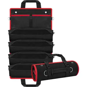 22-Inch Roll Up Tool Bag, Heavy Duty Tool Organizer Bag with Detachable Pockets, 6 Tool Pockets Black Rollup Storage Pouch Organization for Tools and Accessories for Mechanics