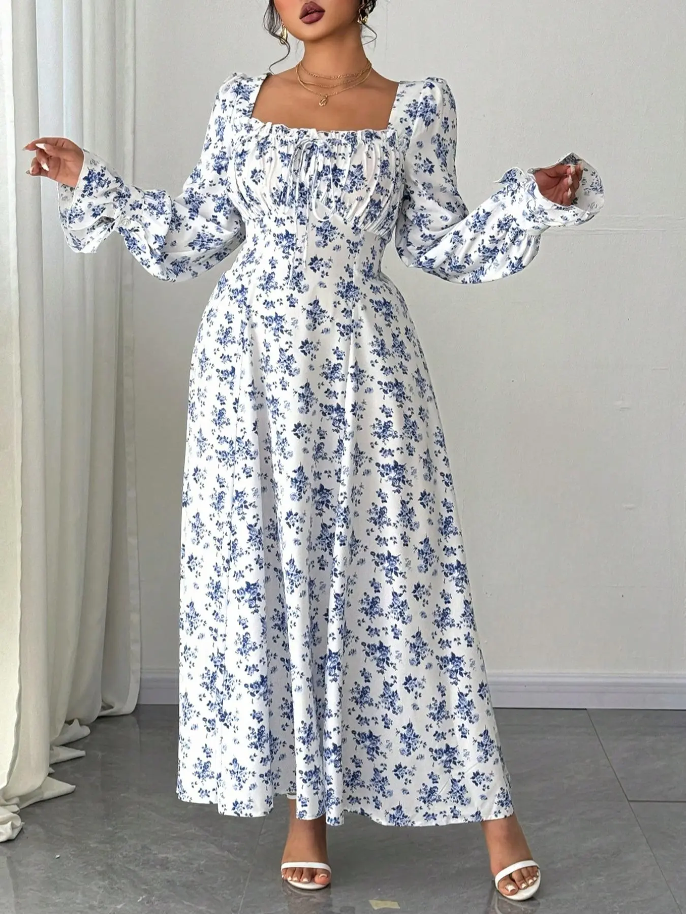 FINJANI Plus Size Women's Elegant Floral Print Square Neck Long Sleeve Waist -Cinch A-Line Maxi Dress - French Vintage Bohemian Chic Comfortable Casual  Clothes, Suitable for Spring, Vacation - TikTok Shop